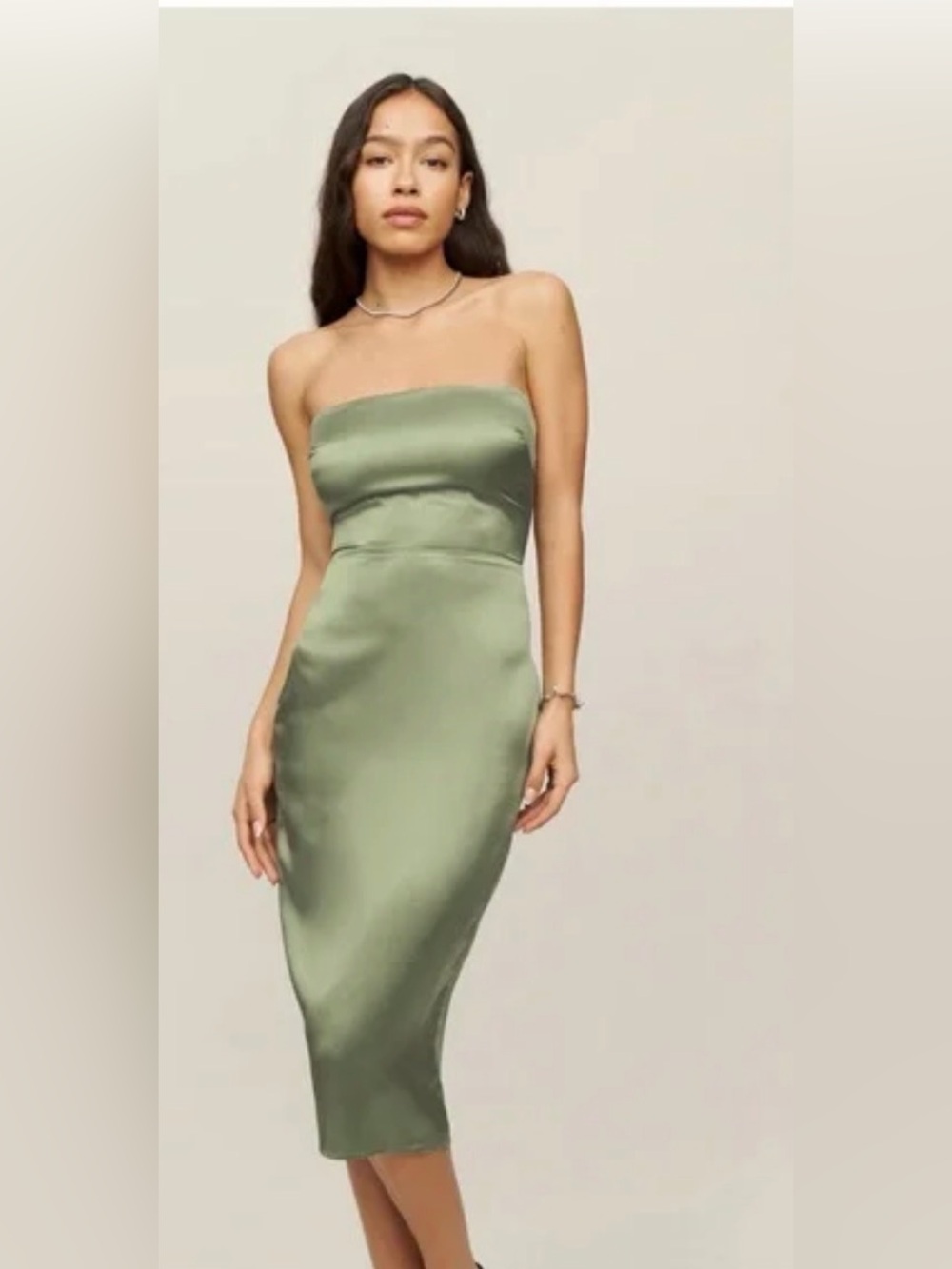 Reformation Strapless 100% Silk Midi Dress in Sage